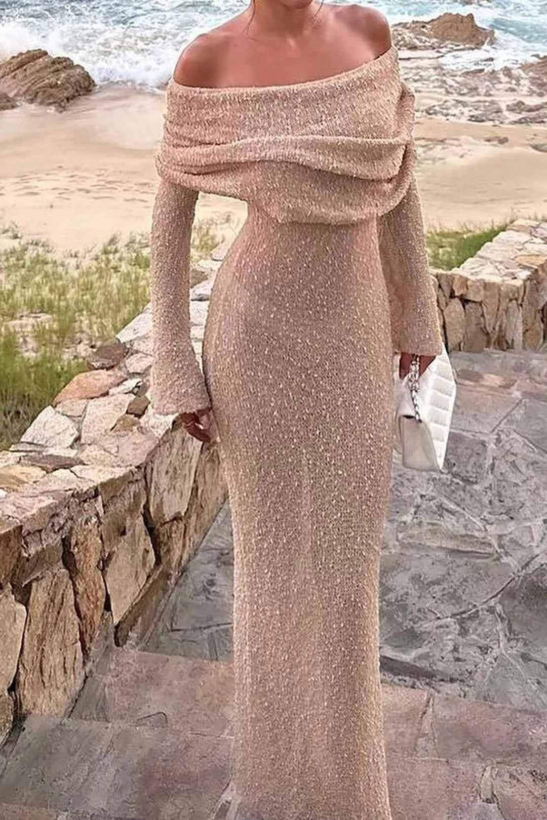 Dames maxi jurk – off shoulder, gebreid, aansluitend, comfortabel