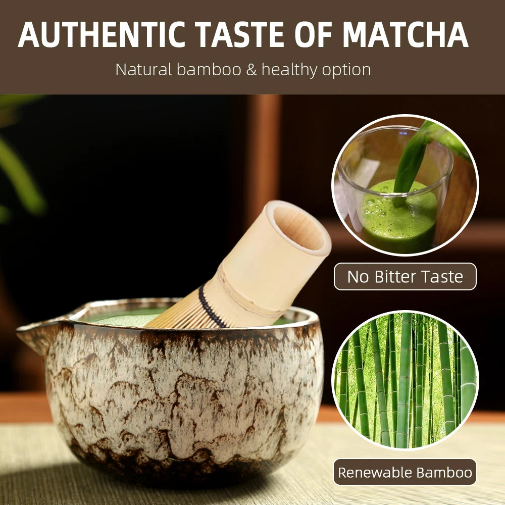 Japanse Matcha Theeset – 6-delige Ceremoniële Set met Bamboe Klopper, Lepel, Zeef en Keramische Kom voor Matcha Maken