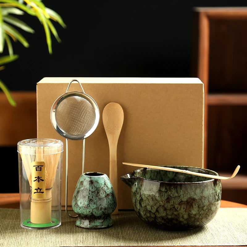 Japanse Matcha Theeset – 6-delige Ceremoniële Set met Bamboe Klopper, Lepel, Zeef en Keramische Kom voor Matcha Maken