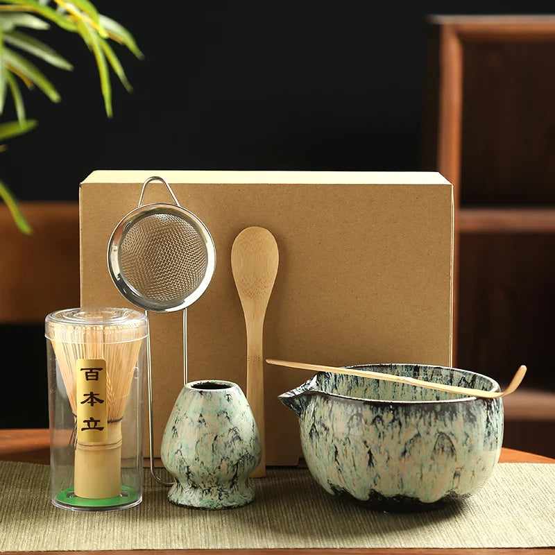 Japanse Matcha Theeset – 6-delige Ceremoniële Set met Bamboe Klopper, Lepel, Zeef en Keramische Kom voor Matcha Maken