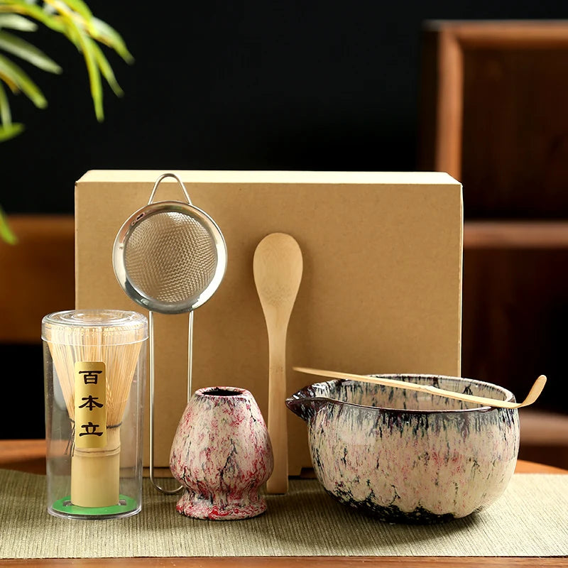 Japanse Matcha Theeset – 6-delige Ceremoniële Set met Bamboe Klopper, Lepel, Zeef en Keramische Kom voor Matcha Maken