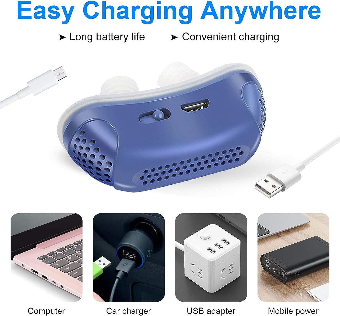 Draagbaar Anti-Snurk Apparaat bij Slaapapneu – Micro CPAP met Zachte Luchtdruk & USB-Oplaadfunctie | Fluisterstil, Medisch Siliconen & Compact Formaat voor Reizen of Thuisgebruik