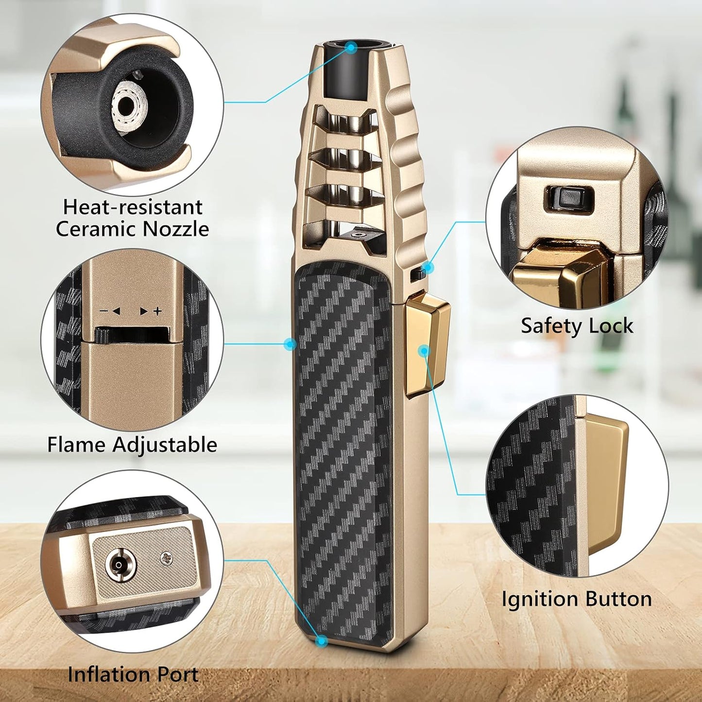 Windproof Torch Lighter met 1300°C Blauwe Vlam – Navulbaar Butaan Gasbrander in Luxe Cadeauverpakking