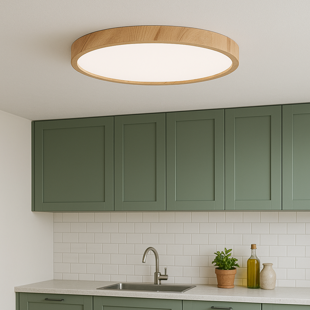 Plafondlamp met Houten Look – LED Plafondverlichting in Scandinavische Stijl voor Eettafel of Woonkamer | Warm Licht, Minimalistisch Design & Meerdere Maten