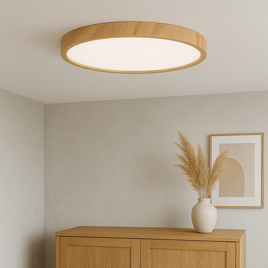 Plafondlamp met Houten Look – LED Plafondverlichting in Scandinavische Stijl voor Eettafel of Woonkamer | Warm Licht, Minimalistisch Design & Meerdere Maten
