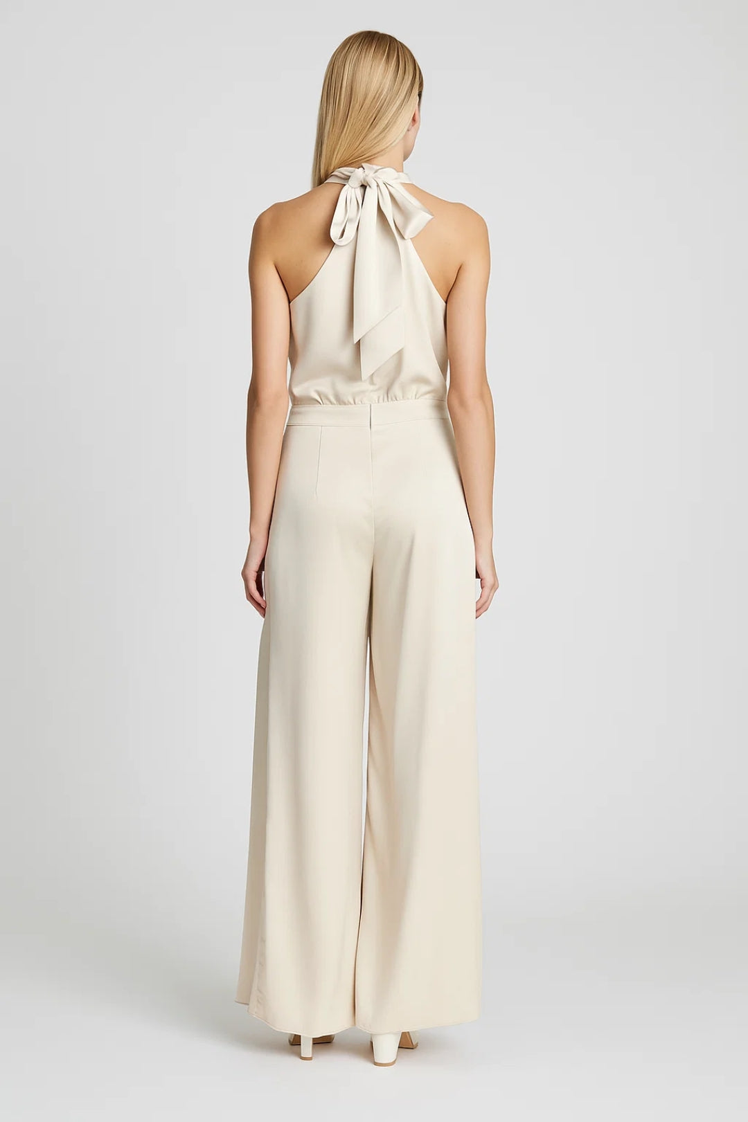 Dames jumpsuit – halternek, open rug, palazzo pijpen, feestelijk