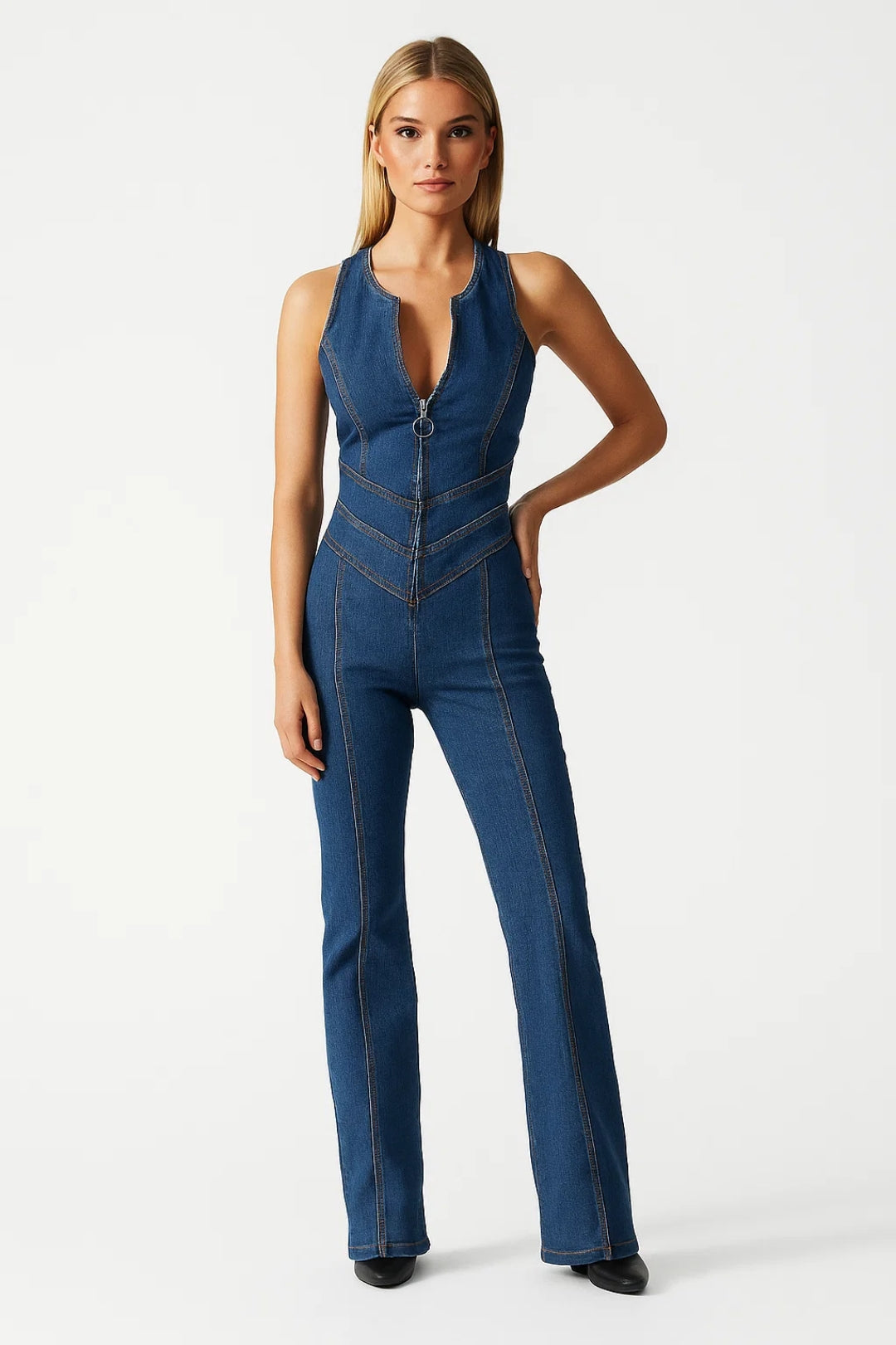 Dames jumpsuit – V-hals met rits, mouwloos, flared pijpen, casual