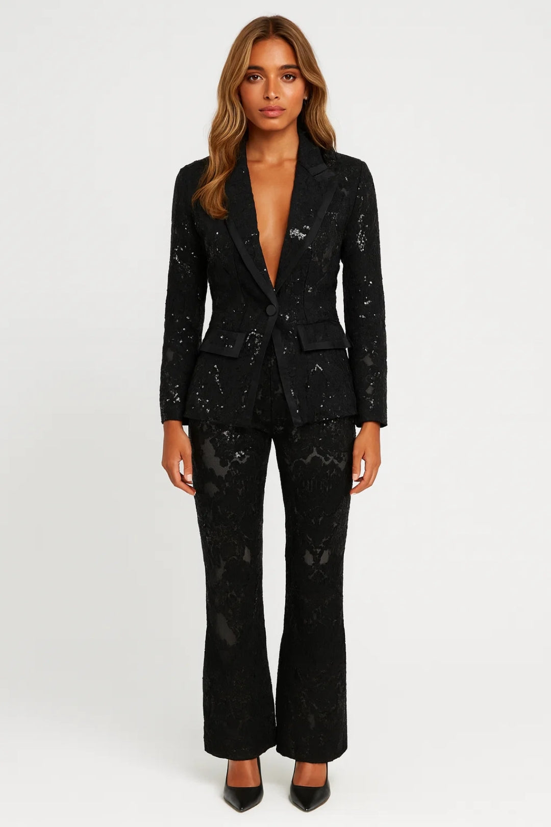 Dames blazer set – diep V, flared broek, glitter, gala & feest