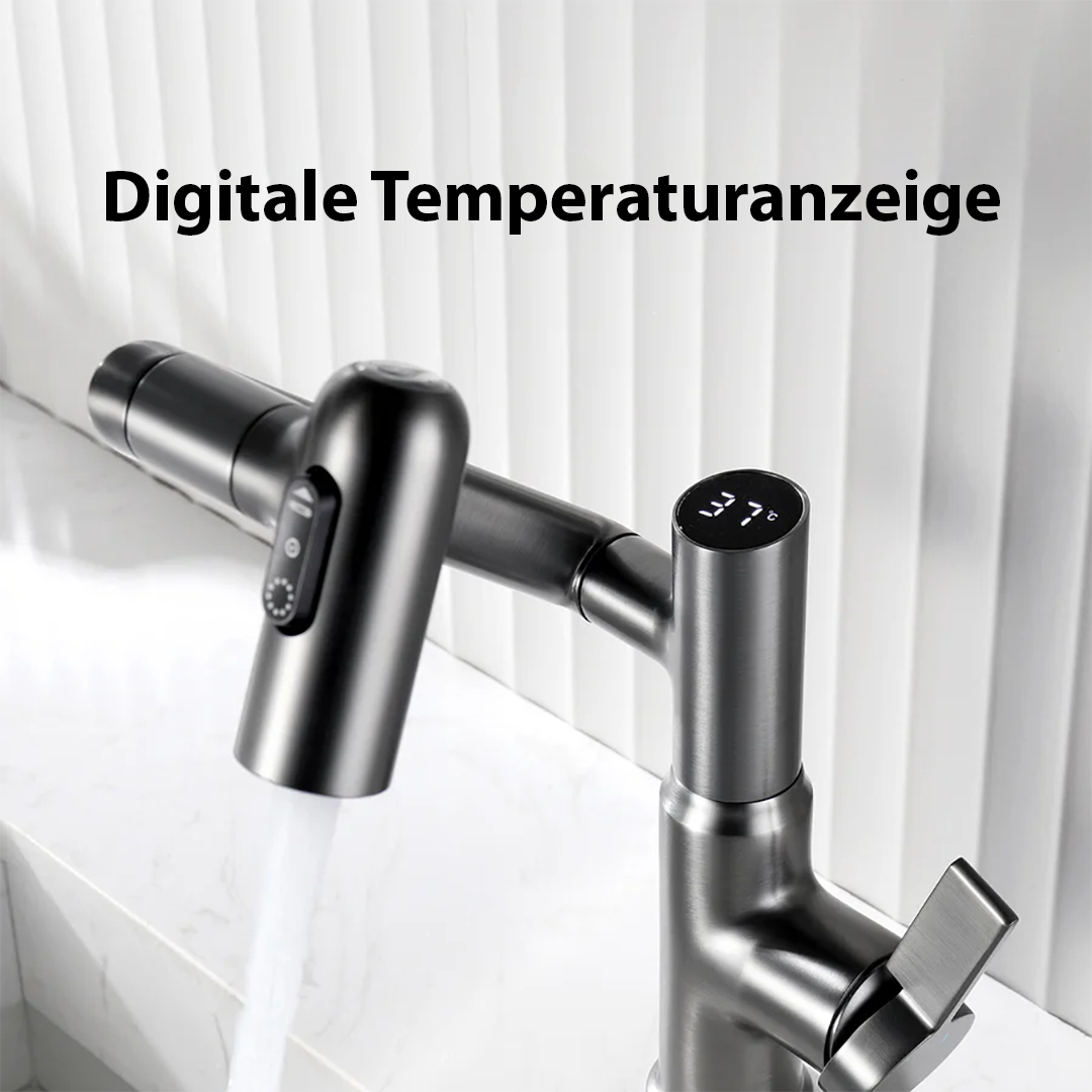 Wastafelkraan – 360° draaibaar met digitale temperatuurweergave, uittrekbare handdouche