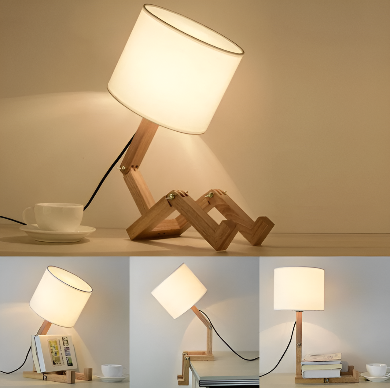 Flex WoodMan Tafellamp – Massief Houten Robotlamp met Verstelbaar Design