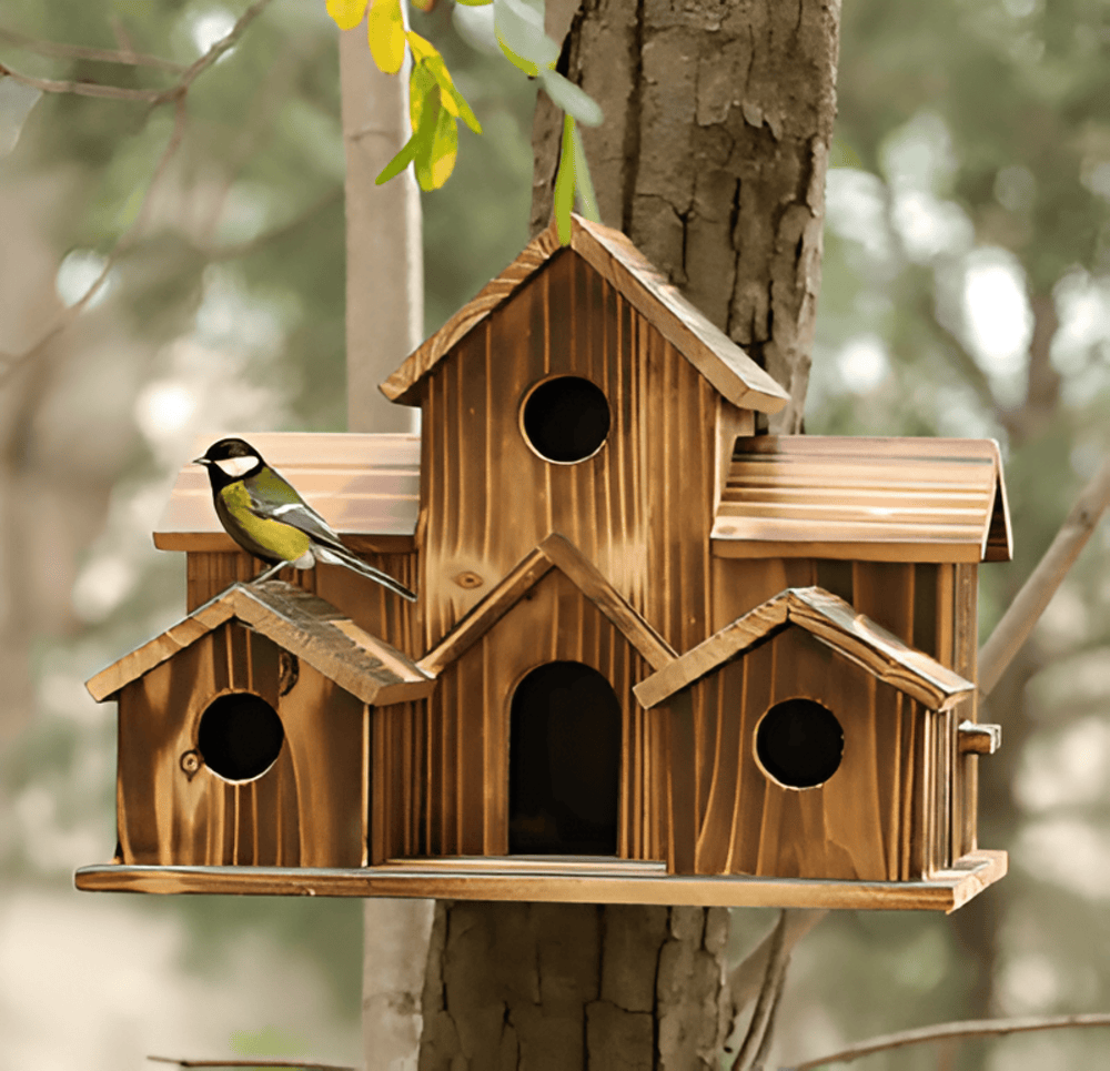Hangend Houten Vogelhuisje – Weerbestendig Voederhuis voor Tuinvogels | Natuurlijke Nestkast voor Balkon, Tuin of Terras