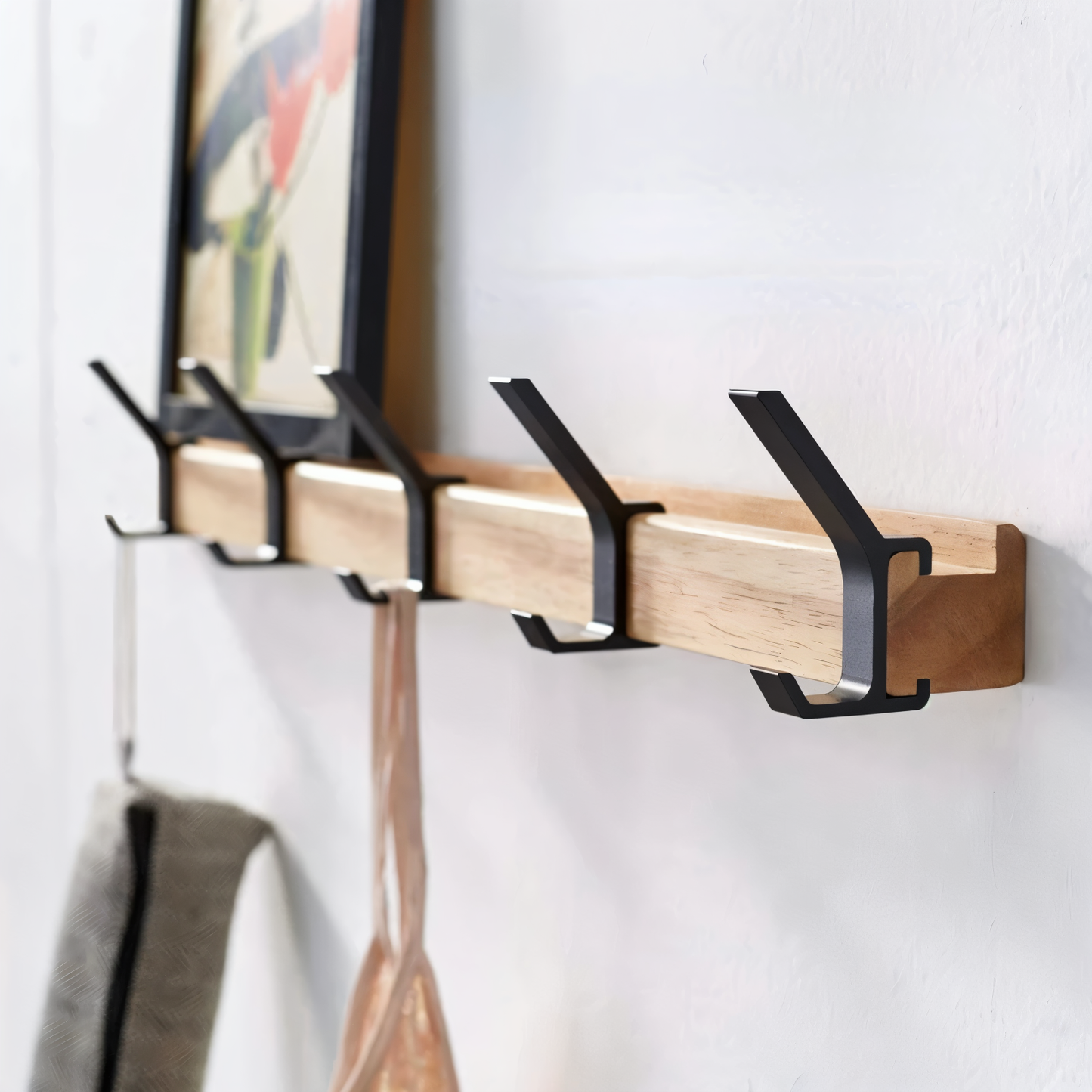 Wandkapstok van Hout met Verstelbare Aluminium Haken – HookRack 5-Haaks | Wandgarderobe voor Hal, Badkamer & Slaapkamer