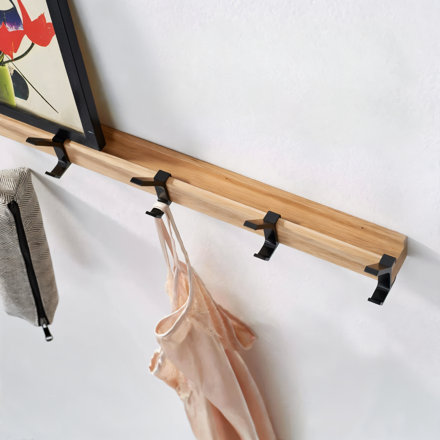 Wandkapstok van Hout met Verstelbare Aluminium Haken – HookRack 5-Haaks | Wandgarderobe voor Hal, Badkamer & Slaapkamer
