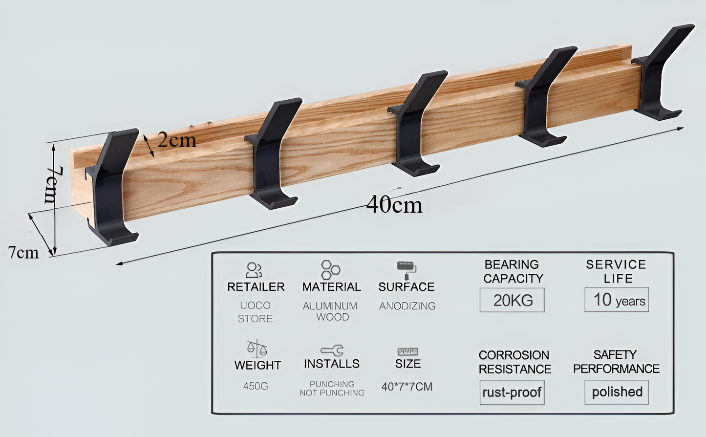 Wandkapstok van Hout met Verstelbare Aluminium Haken – HookRack 5-Haaks | Wandgarderobe voor Hal, Badkamer & Slaapkamer