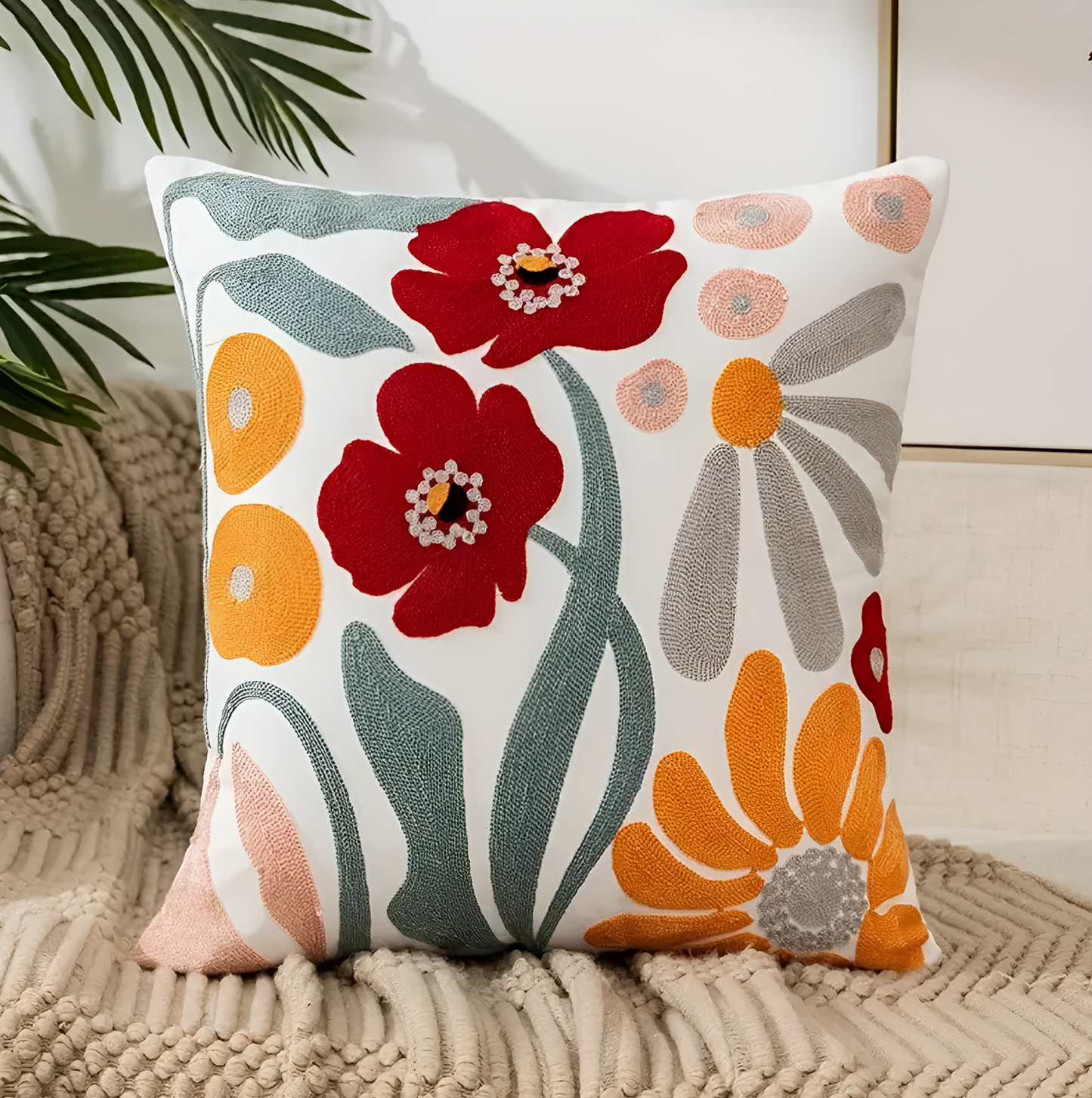 Floriva kussenhoes – geborduurde bloemenhoes 45x45 cm van zachte pluche stof