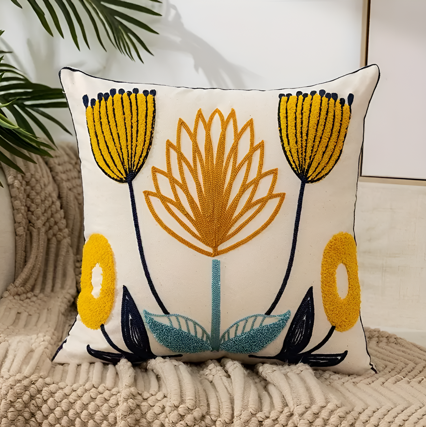 Floriva kussenhoes – geborduurde bloemenhoes 45x45 cm van zachte pluche stof