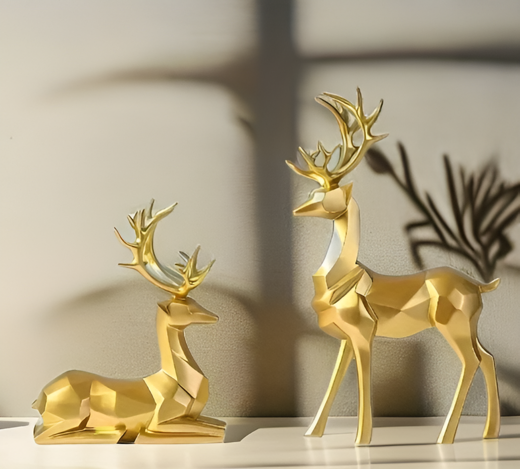 Velvoro decoratiebeeld – 2-delig rendierfiguur set van hars in elegante kleuren