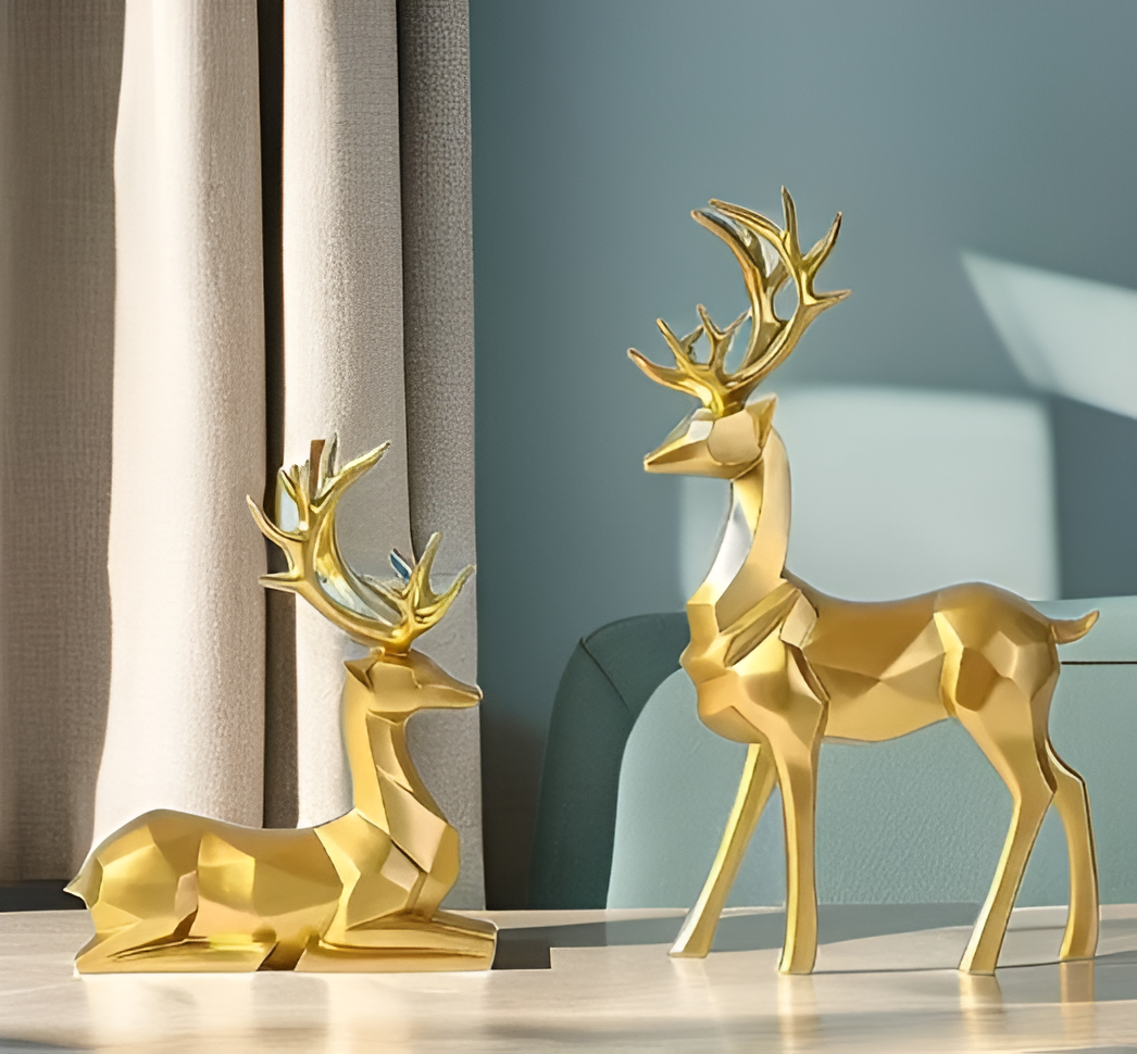 Velvoro decoratiebeeld – 2-delig rendierfiguur set van hars in elegante kleuren