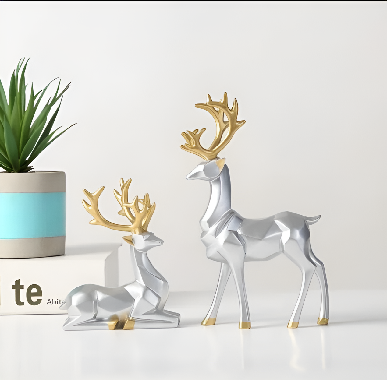 Velvoro decoratiebeeld – 2-delig rendierfiguur set van hars in elegante kleuren