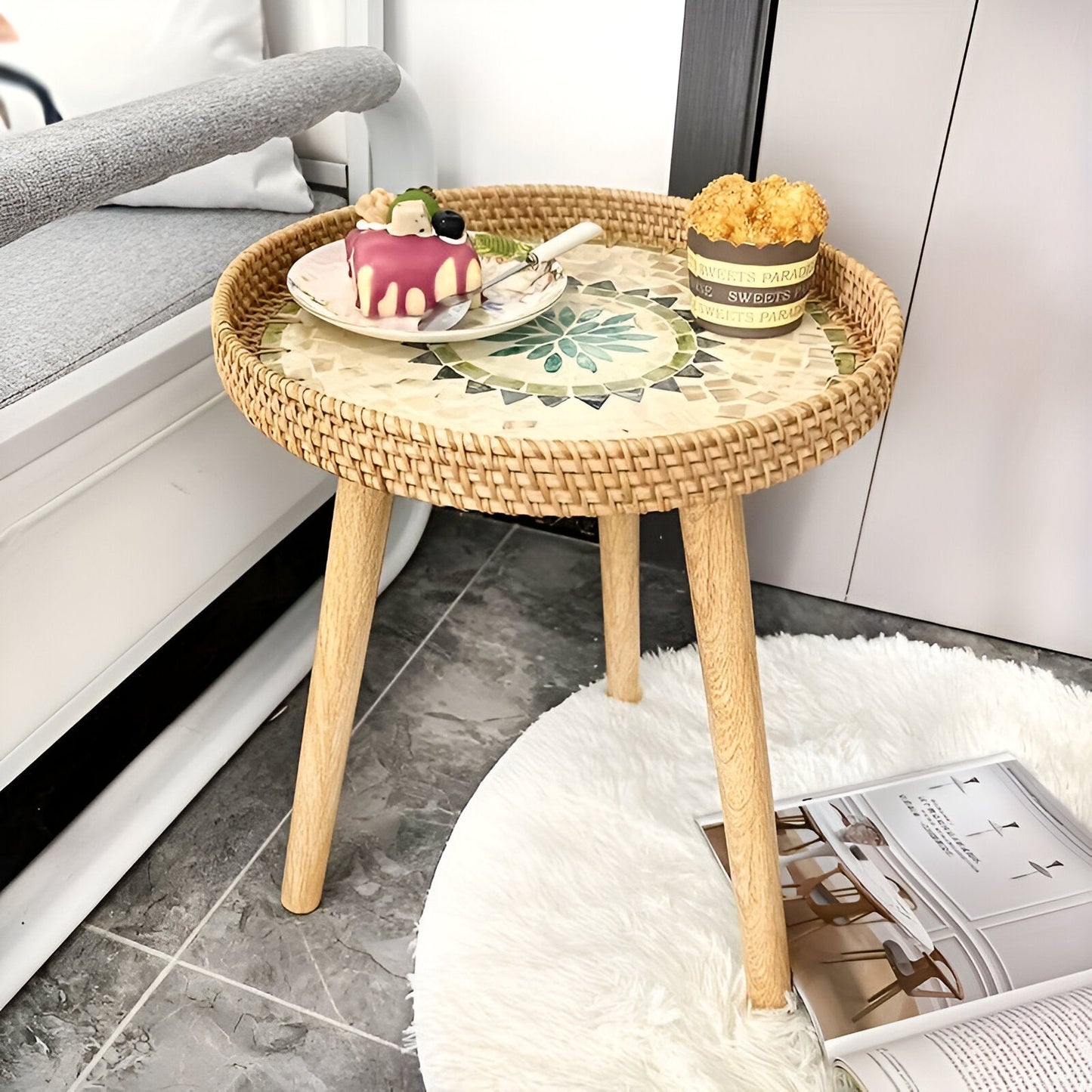 ScandiTripod Ronde Rattan Houten Salontafel – Handgemaakt Scandinavisch Design