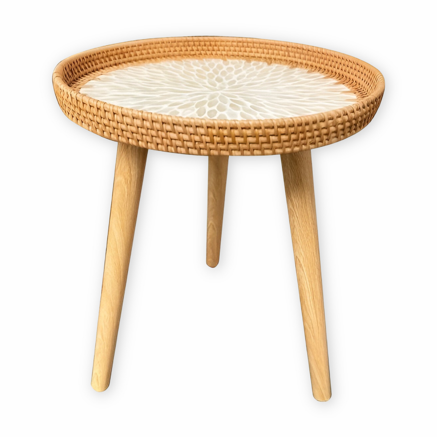 ScandiTripod Ronde Rattan Houten Salontafel – Handgemaakt Scandinavisch Design