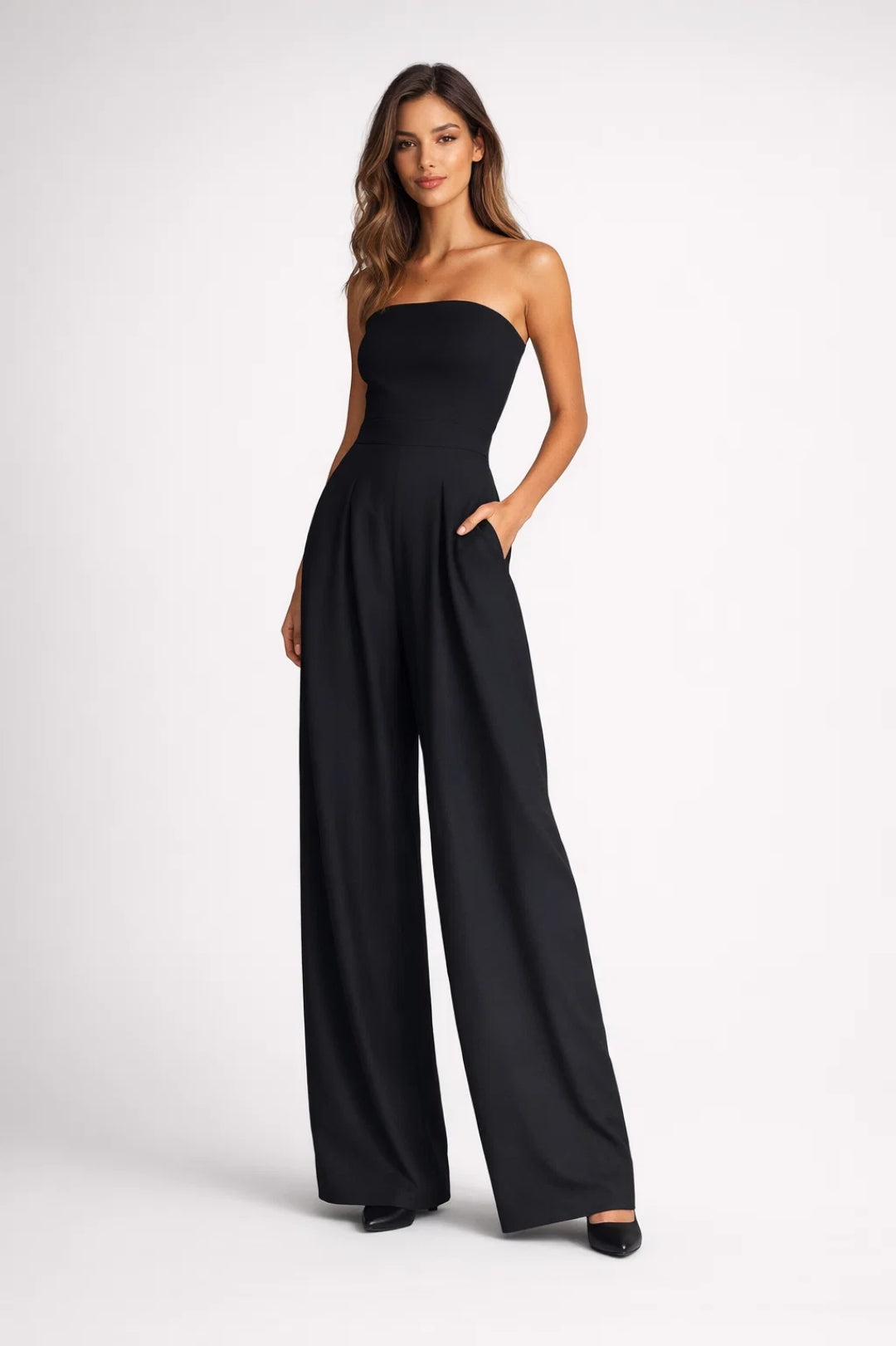 Dames jumpsuit – strapless, wijde pijpen, zomers, elegant