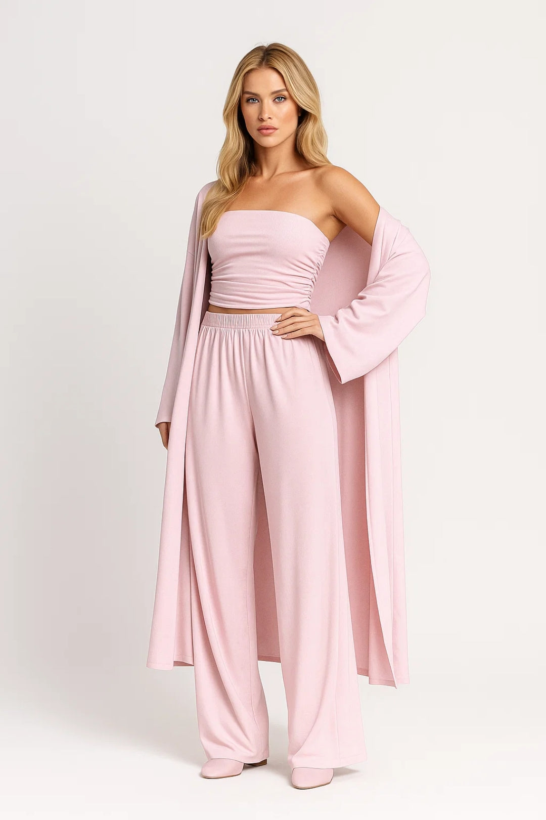 Dames 3-delige set – strapless top, wijde broek, lange cardigan