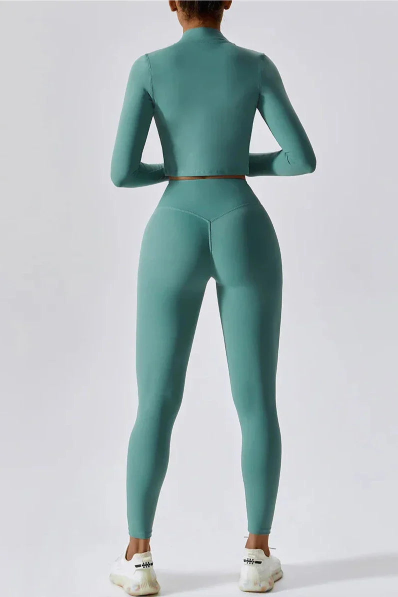 Sportset dames – top met rits en high-waist legging, zacht en rekbaar