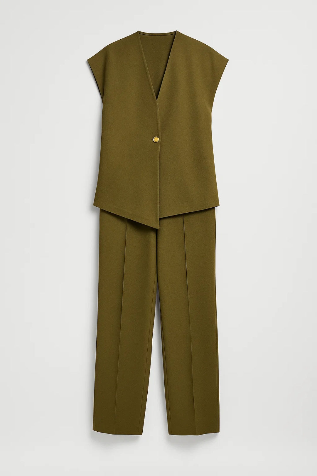 Dames co-ord set – gilet met gouden knoop, wijde broek, chic