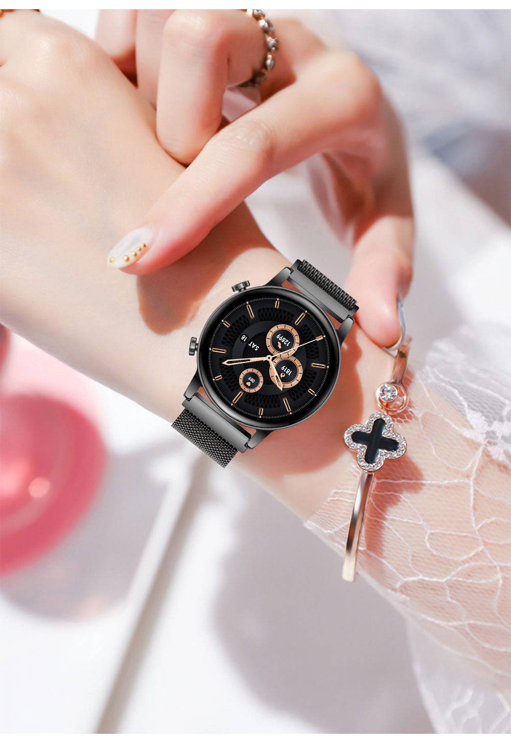 Smartwatch voor Dames – Slank Design, Gezondheidstracking & Meldingen | Waterdicht & Compatibel met Android & iOS