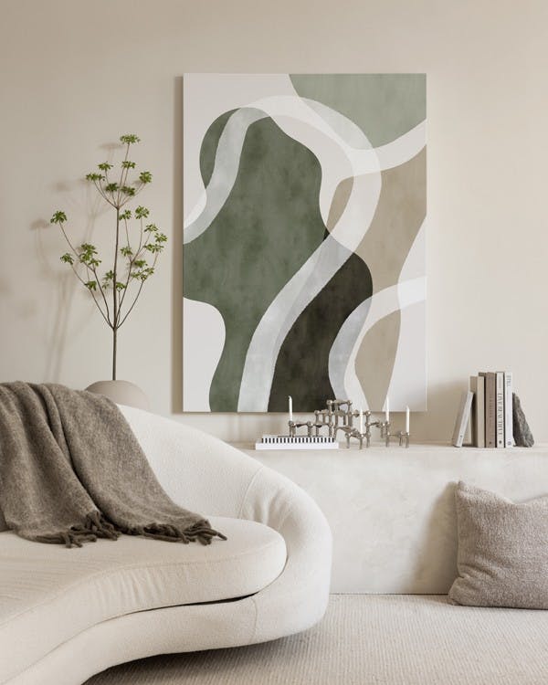Lunara Abstracte Wanddecoratie – Organische Kunst met Houten Lijst en Zachte Kleuren