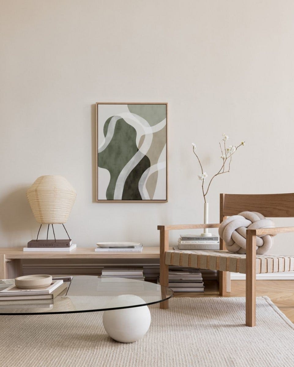 Lunara Abstracte Wanddecoratie – Organische Kunst met Houten Lijst en Zachte Kleuren