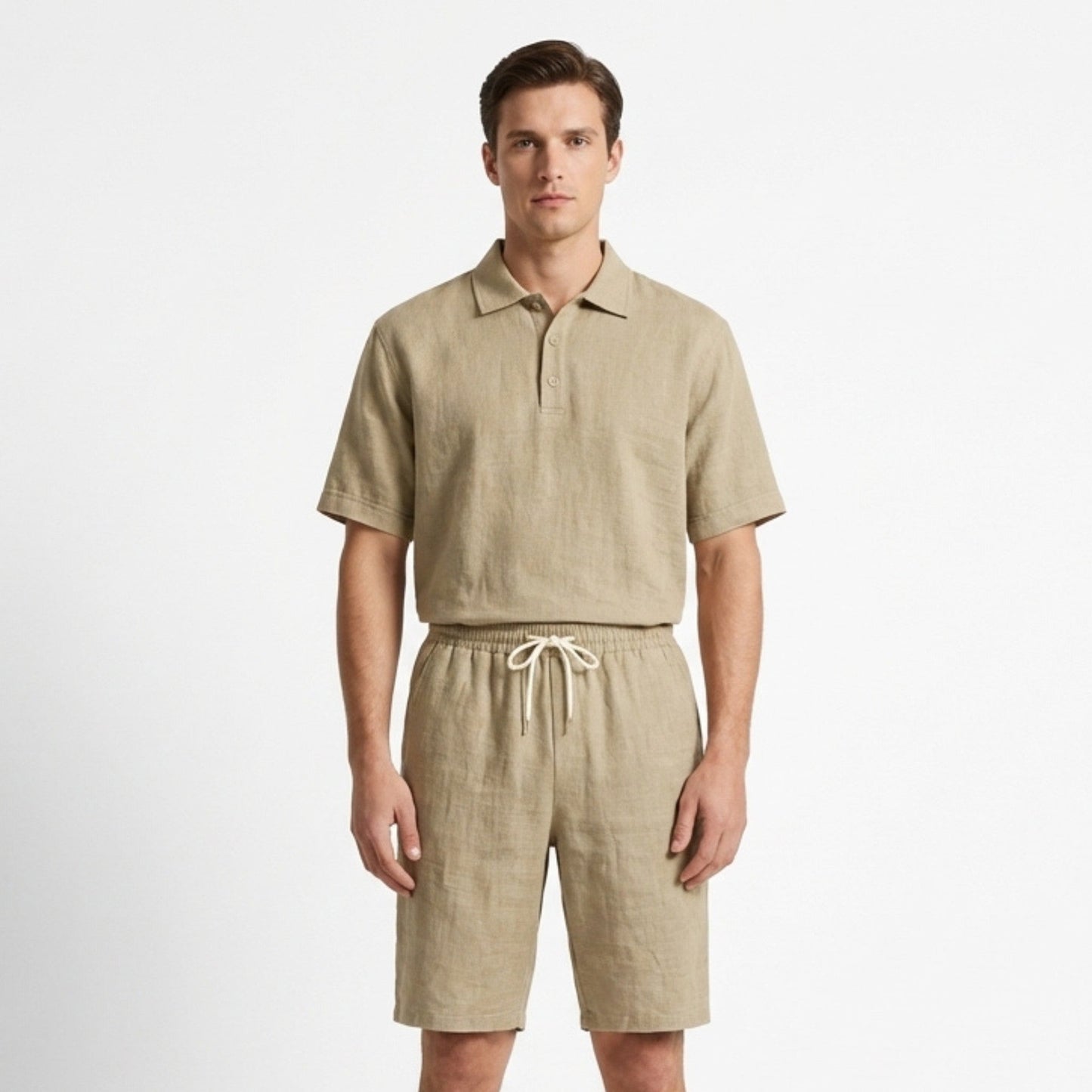 Heren poloshirt met korte mouwen en korte broekset – effen kleur, casual stijl