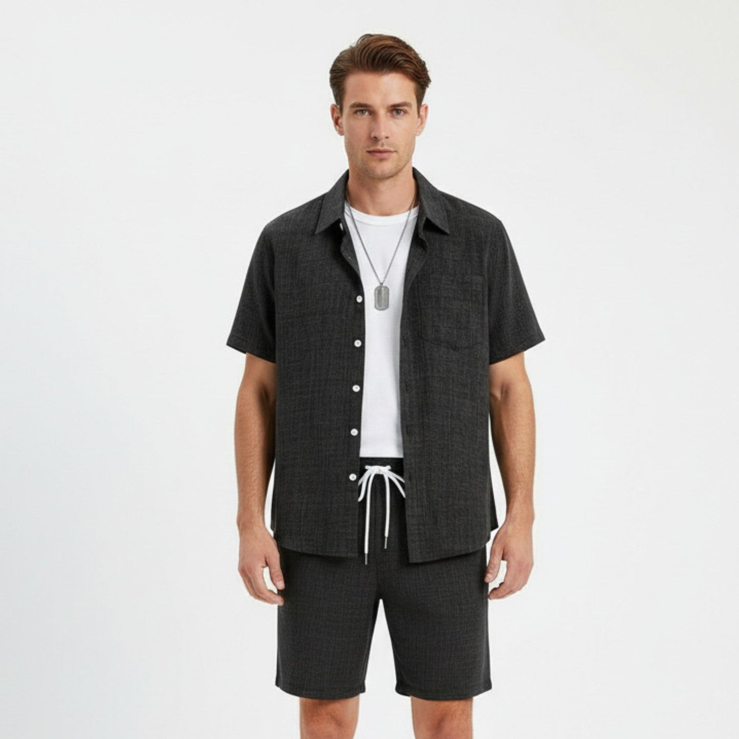 Heren effen tweedelig set – overhemd met korte mouwen en korte broek