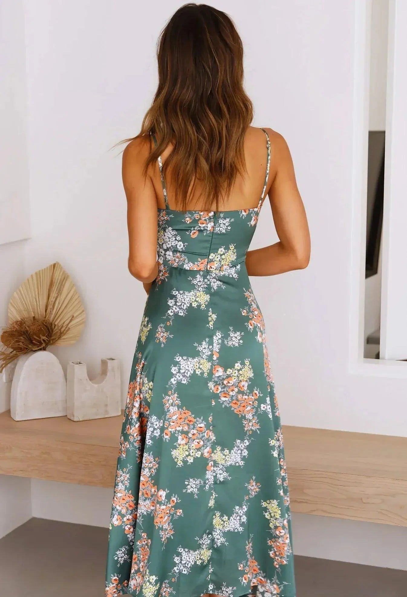 Dames jurk – bloemenprint, groen, luchtig model, katoenmix