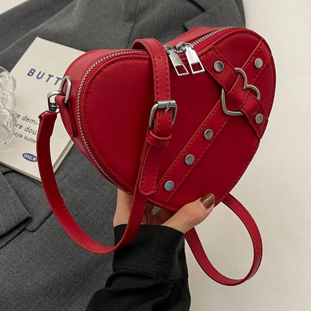 Dames tas – hartvormig, PU leer, rivet design, rood, crossbody