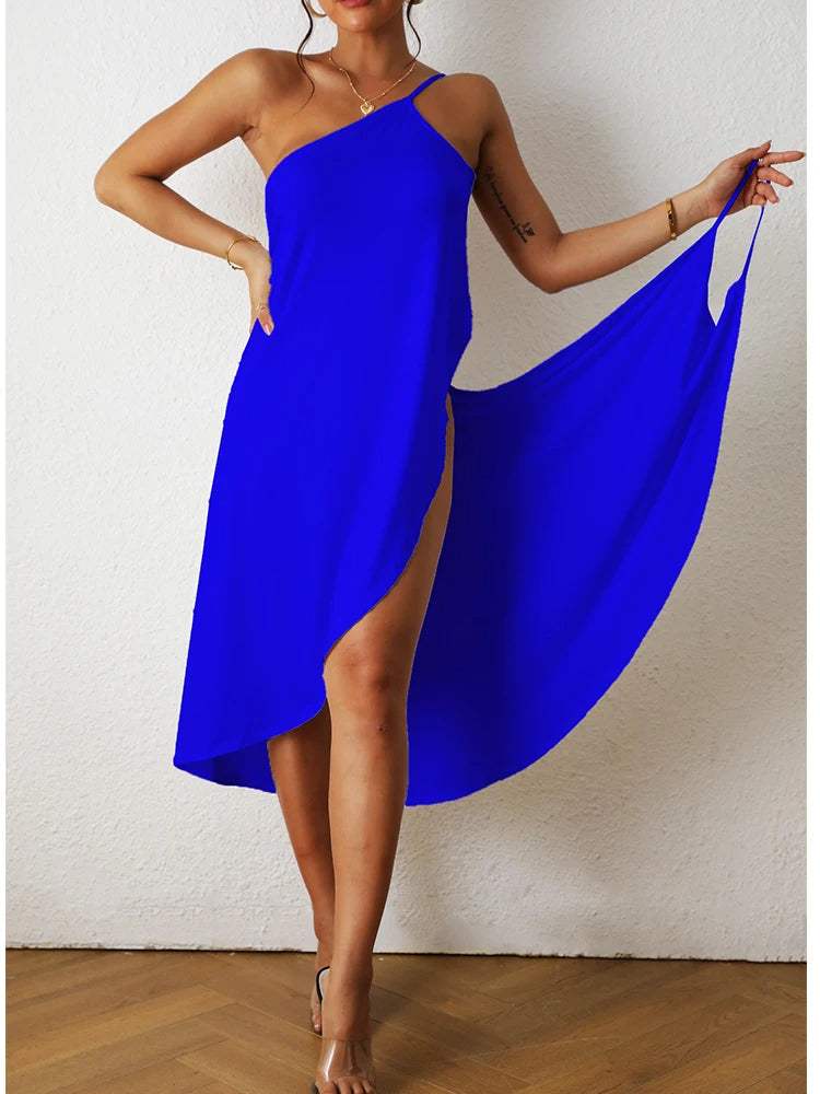 Dames maxi jurk – asymmetrisch, katoen, hoge split, losvallend
