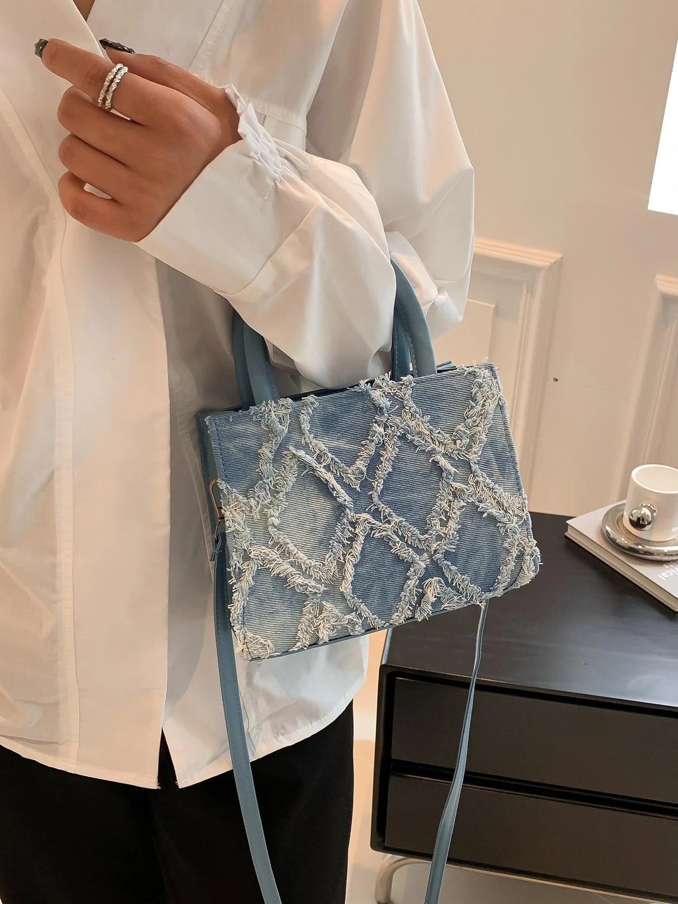 Dames handtas – denim, compact vierkant, crossbody, blauw