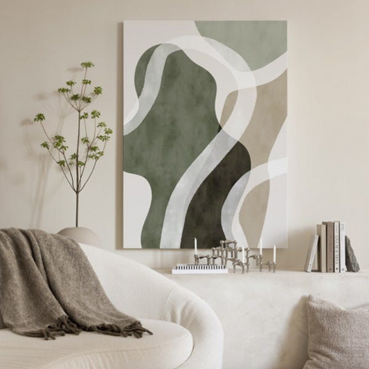 Lunara Abstracte Wanddecoratie – Organische Kunst met Houten Lijst en Zachte Kleuren