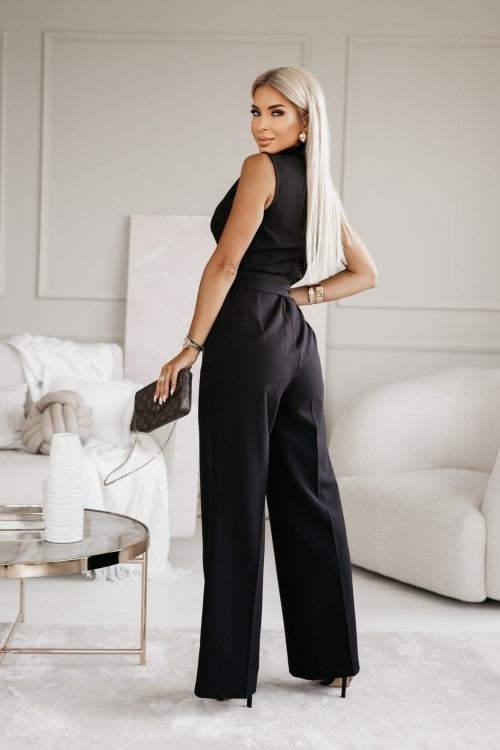 Dames jumpsuit – wijde pijpen, taille riem, katoenmix, elegant