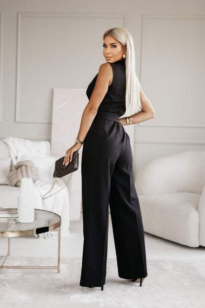 Dames jumpsuit – wijde pijpen, taille riem, katoenmix, elegant