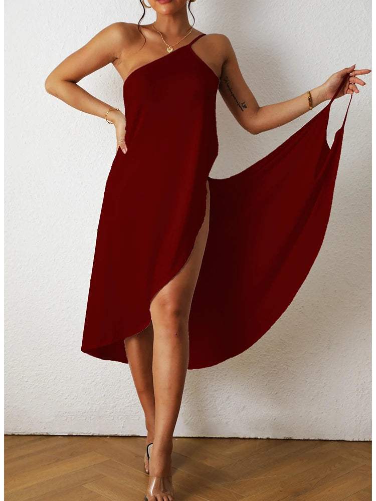 Dames maxi jurk – asymmetrisch, katoen, hoge split, losvallend