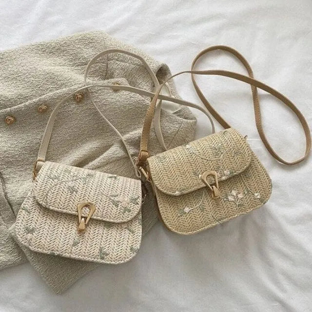 Dames schoudertas – stro, geborduurd, zomers design, lichtgewicht