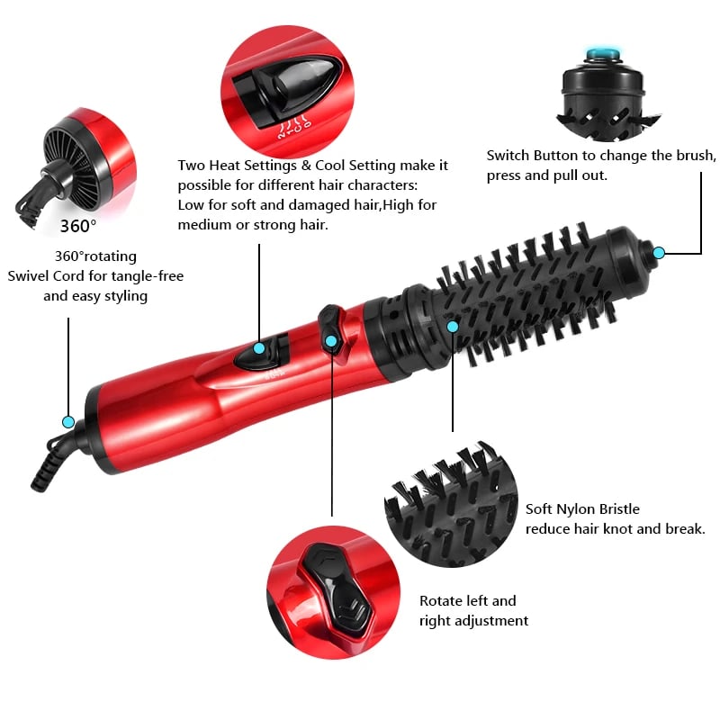 Rotating Hair DryerRoterende Föhnborstel met 2 Opzetborstels – 360° Draaibare Föhn voor Volume, Krullen & Steilen | Ionentechnologie & Temperatuurinstellingen