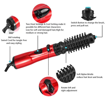 Rotating Hair DryerRoterende Föhnborstel met 2 Opzetborstels – 360° Draaibare Föhn voor Volume, Krullen & Steilen | Ionentechnologie & Temperatuurinstellingen