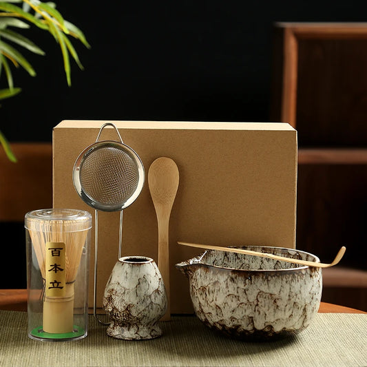 Japanse Matcha Theeset – 6-delige Ceremoniële Set met Bamboe Klopper, Lepel, Zeef en Keramische Kom voor Matcha Maken