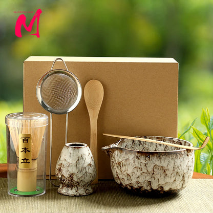 Japanse Matcha Theeset – 6-delige Ceremoniële Set met Bamboe Klopper, Lepel, Zeef en Keramische Kom voor Matcha Maken