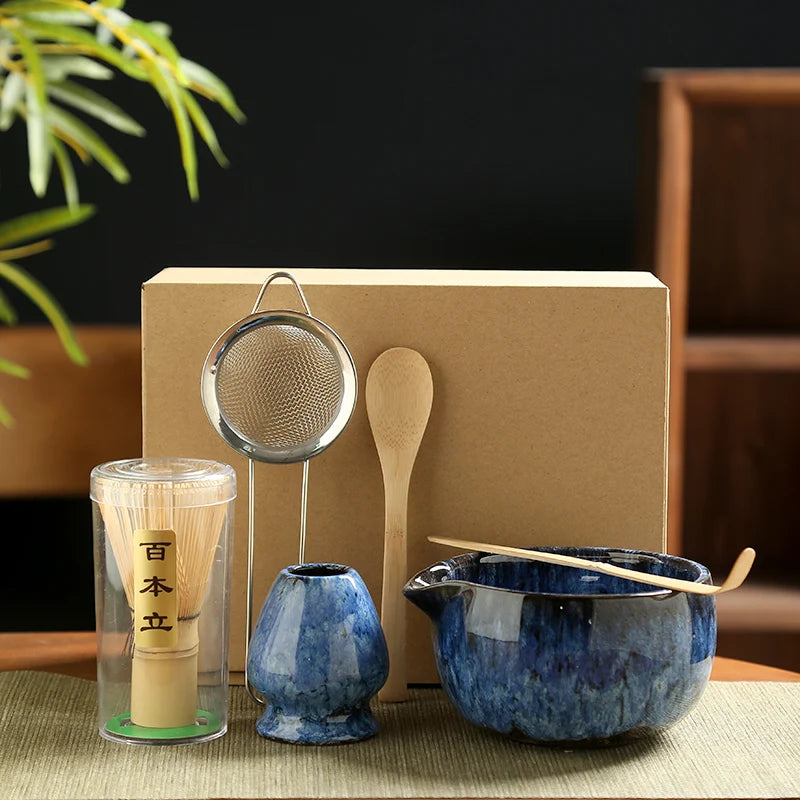 Japanse Matcha Theeset – 6-delige Ceremoniële Set met Bamboe Klopper, Lepel, Zeef en Keramische Kom voor Matcha Maken