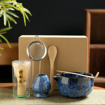 Japanse Matcha Theeset – 6-delige Ceremoniële Set met Bamboe Klopper, Lepel, Zeef en Keramische Kom voor Matcha Maken