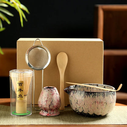 Japanse Matcha Theeset – 6-delige Ceremoniële Set met Bamboe Klopper, Lepel, Zeef en Keramische Kom voor Matcha Maken